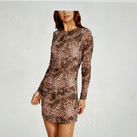 BB Dakota Walk This Way Ruched Mini Dress Animal Print Long Sleeve Size L NWT - Picture 1 of 11